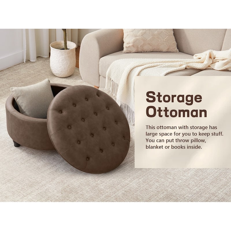 Tufted Round Storage Ottoman, Faux Leather