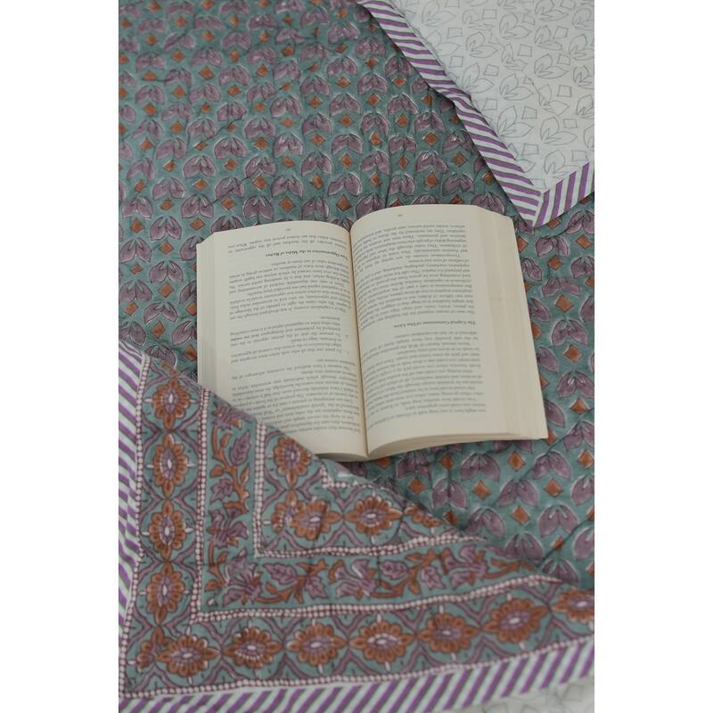 Fabdivine Luxury Hand Block Print Cotton Quilt Floral Boho Bedding for Bedroom & Sofa, Pink Brown, Handmade Reversible Bedspread