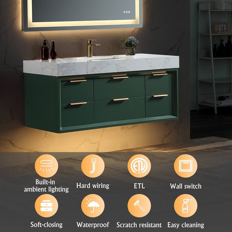 36/48/60 Modern LED Floating Bathroom Vanity with Single/Double Sink & Soft-Close Drawers & Waterproof, Green