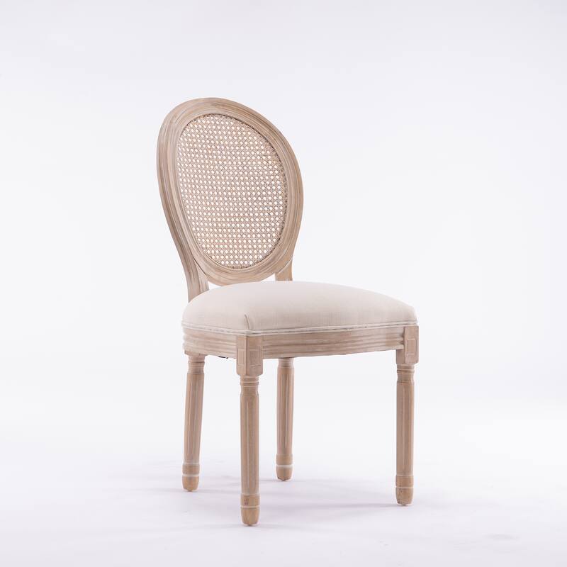 Dining Chairs Set of 2, Linen Upholstered Accent Chair, Armless Kitchen Chairs with Oval Rattan Back & Solid Wood Frame