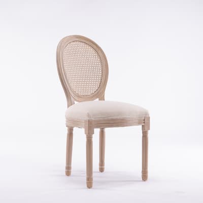 French Fabric Dining Chair Set of 2 Rattan Back Accent Chair, Beige