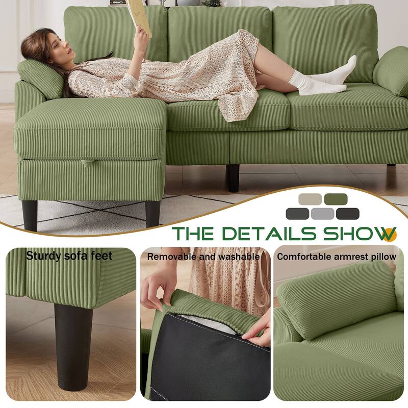 3 Pieces Corduroy Living Room Set with Sectional Sofa, Ottoman and Chair