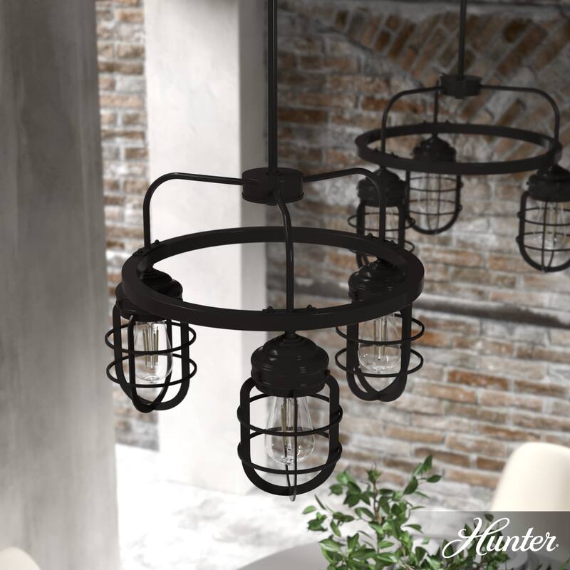 Hunter Starklake 3-Light Chandelier - Kitchen Island, Dining Room, Entry - Industrial, Wheel, Caged, Rustic - Noble Bronze