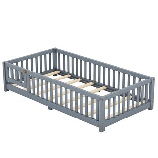 Twin Size Bed Floor Bed with Safety Guardrails and Door for Kids