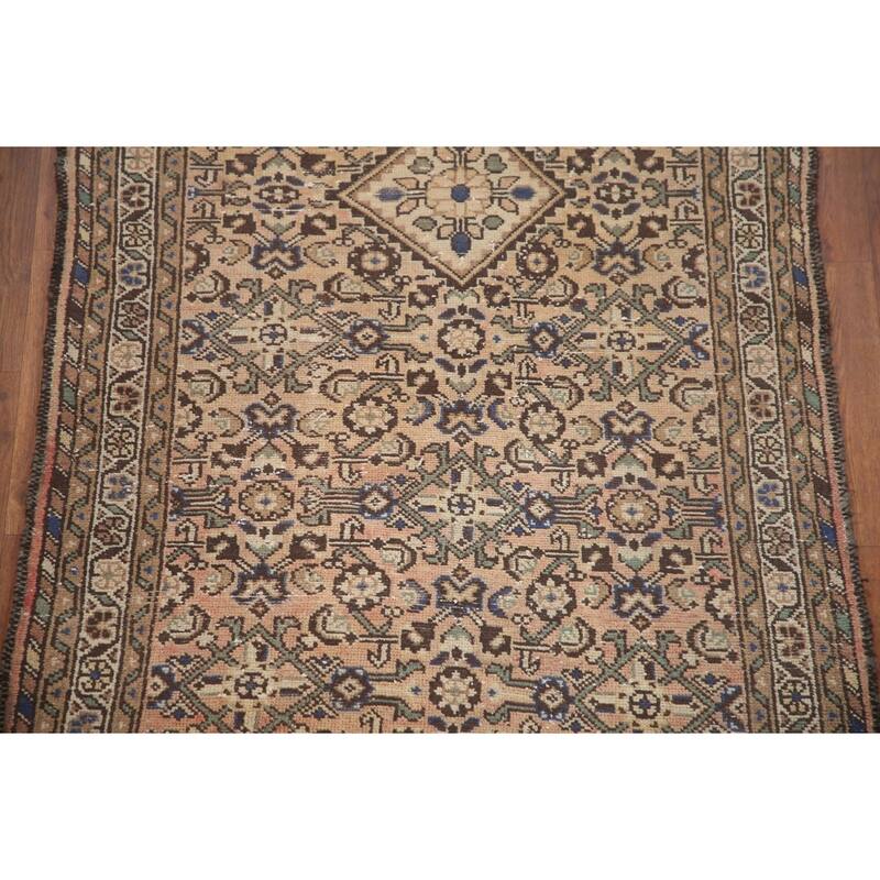 Hand Knotted Oriental 100% Wool Carpet Traditional Geometric Peach Hamedan Runner Rug - 11' 3'' X 3' 6''