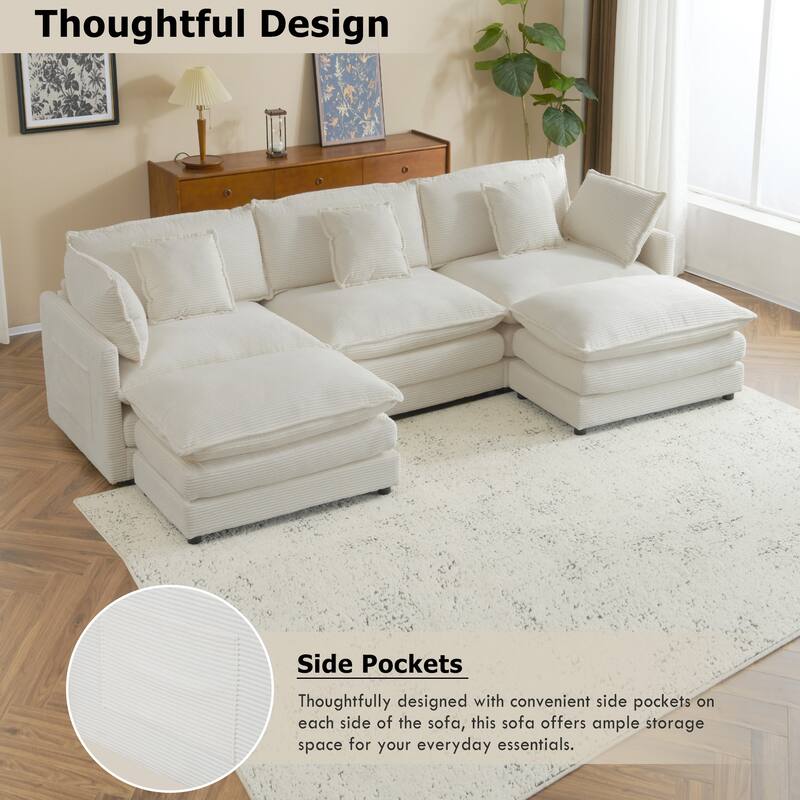 Contemporary Modular Sectional Sofa with Deep Seats and Movable Ottomans and Storage Pockets for Small Living Spaces