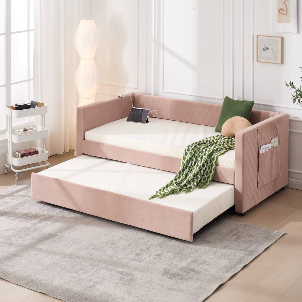 Twin Size Velvet Daybed with Trundle, USB Charging Port & Side Pockets, Modern Upholstered Sofa Bed with V-Pattern Backrest
