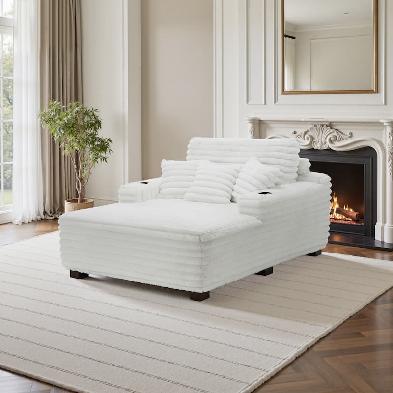 Indoor Oversized Plush Chaise Lounge with Pillows and Cup Holder