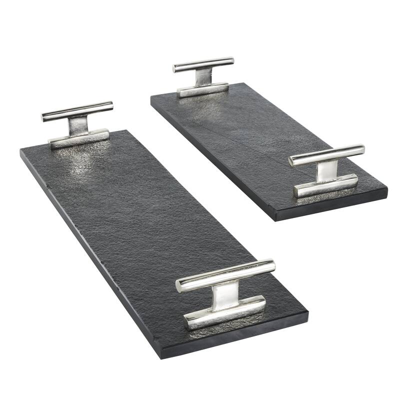 Black Marble Textured Living Room Decor Tray with Silver or Black Rod Handles (Set of 2)