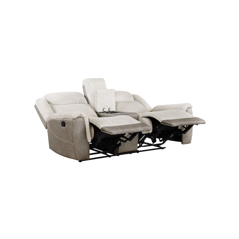 Feo Double Manual Reclining Loveseat with Console, Beige and Gray Chenille