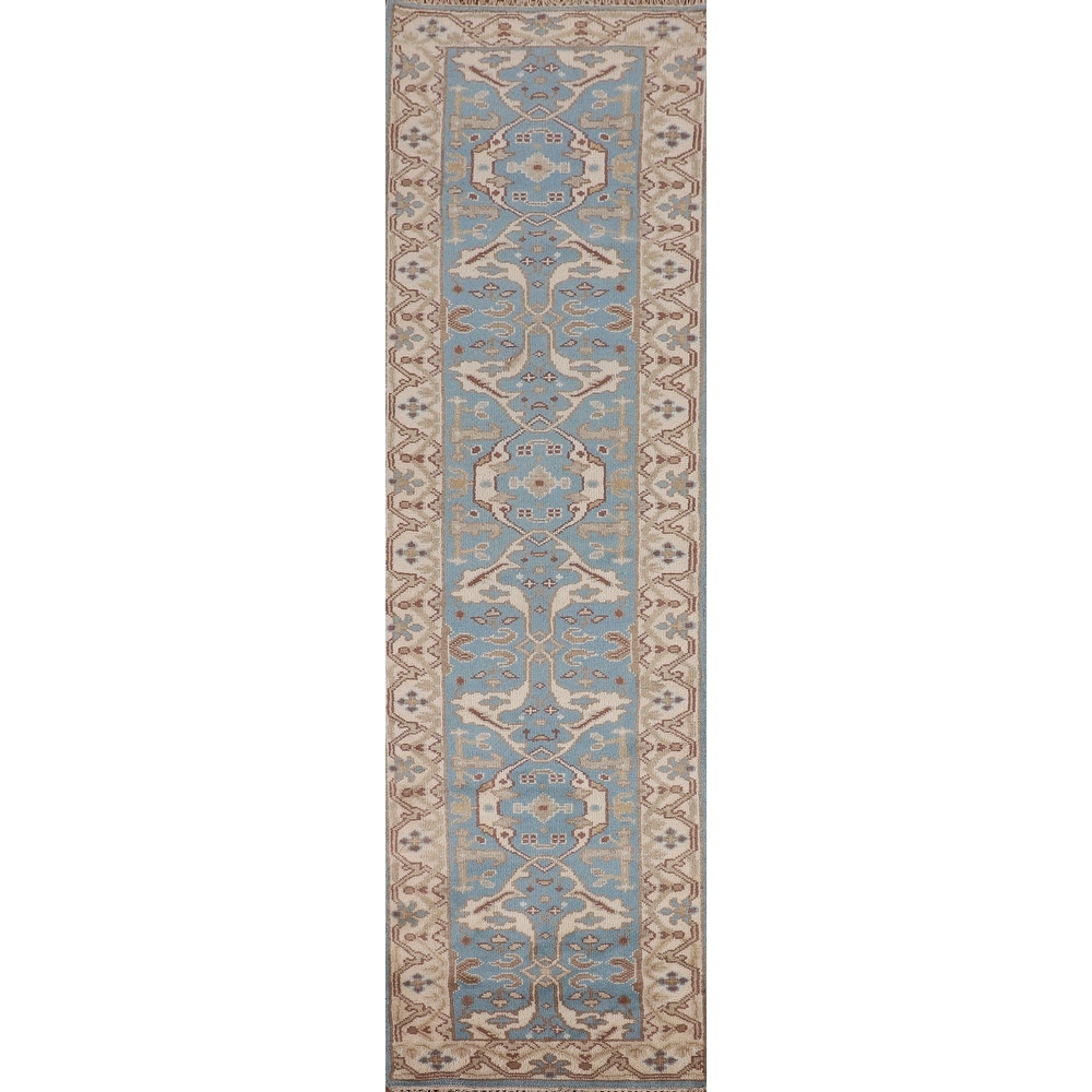 Light Blue Oushak Oriental Runner Rug Handmade Wool Carpet - 2'6"x 11'6"