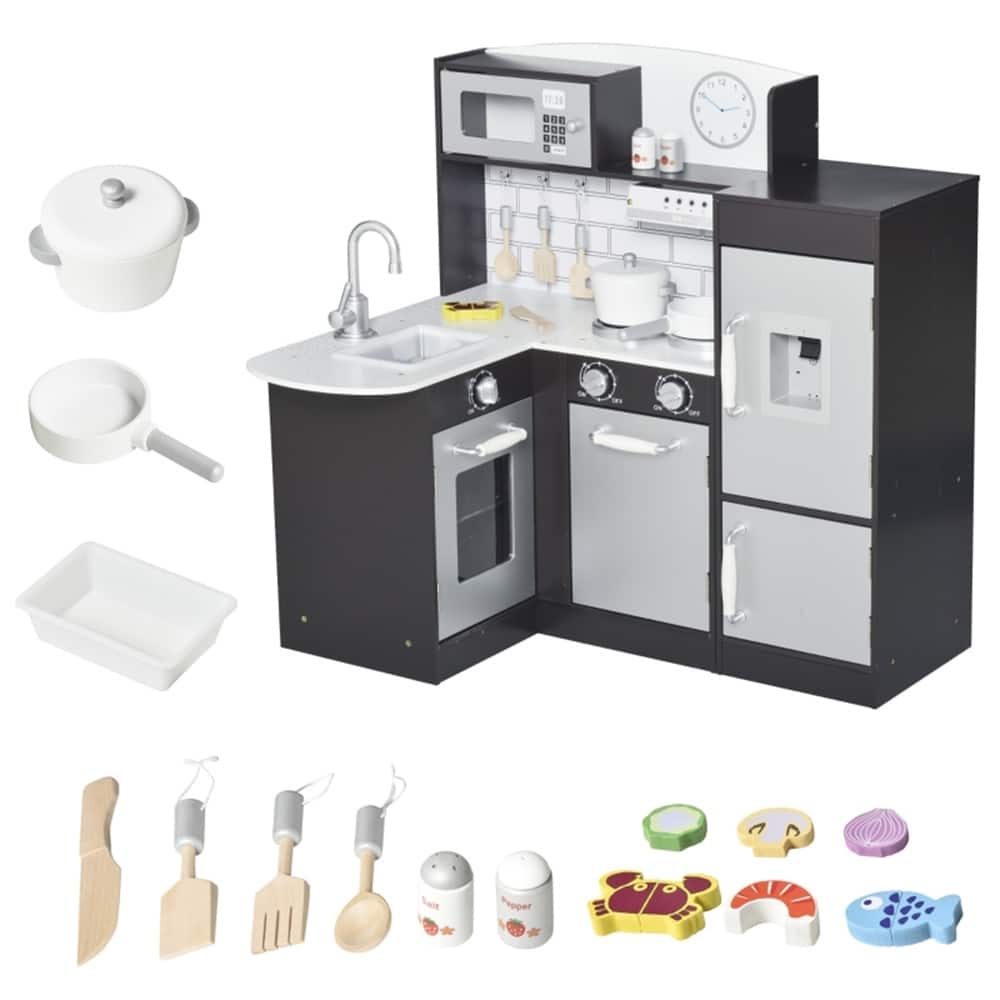 Kids Wooden Corner Kitchen Playset with Sink Stove Refrigerator and Accessories Black Silver - 33.75"L x 25.25"W x 33.25"H