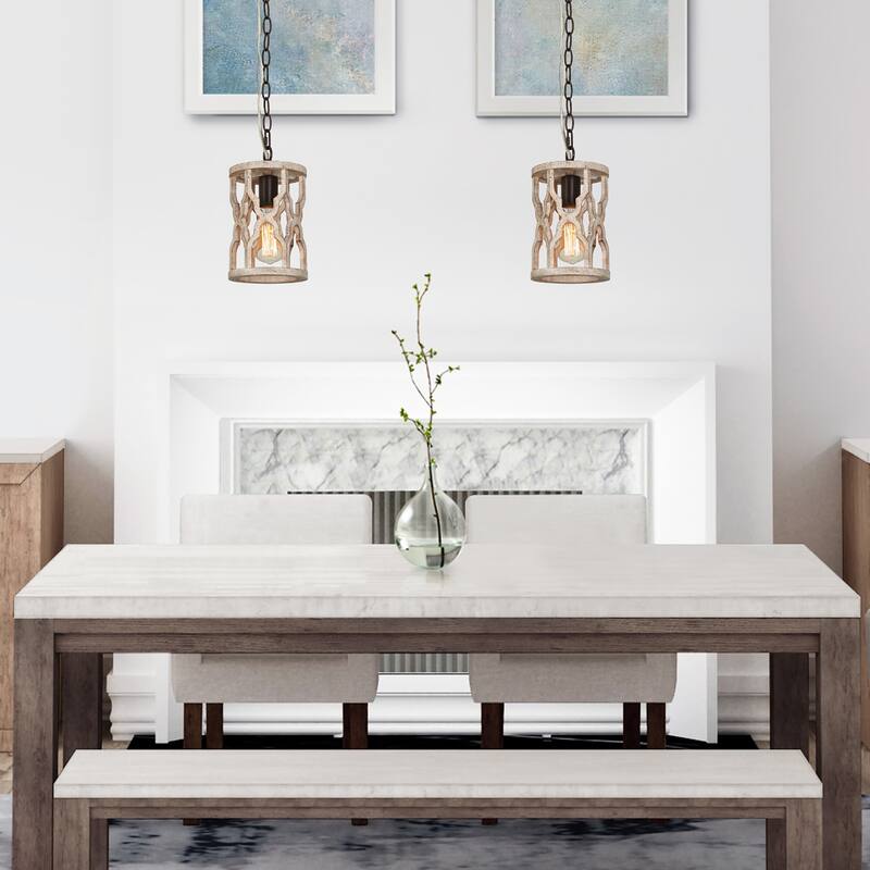 Farmhouse 1-Light Rustic Wood Pendant Light for Kitchen Island Dining Room - 6'' L x 6'' W x 11'' H