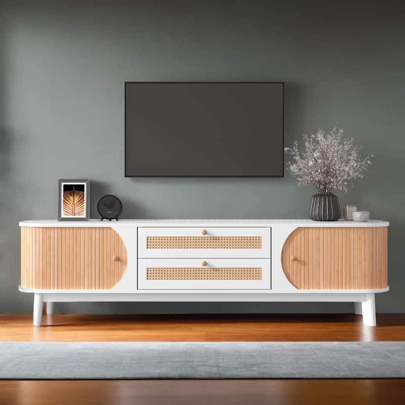 Rattan TV Stand for TVs up to 75"Modern Farmhouse Media Console,Entertainment Center with Solid Wood Legs