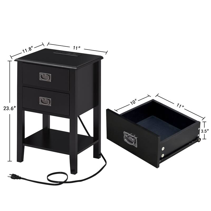 Javlergo Set of 2 Wooden Nightstand with Charging Station, Side End Table with USB Drawer and Open Storage Shelf
