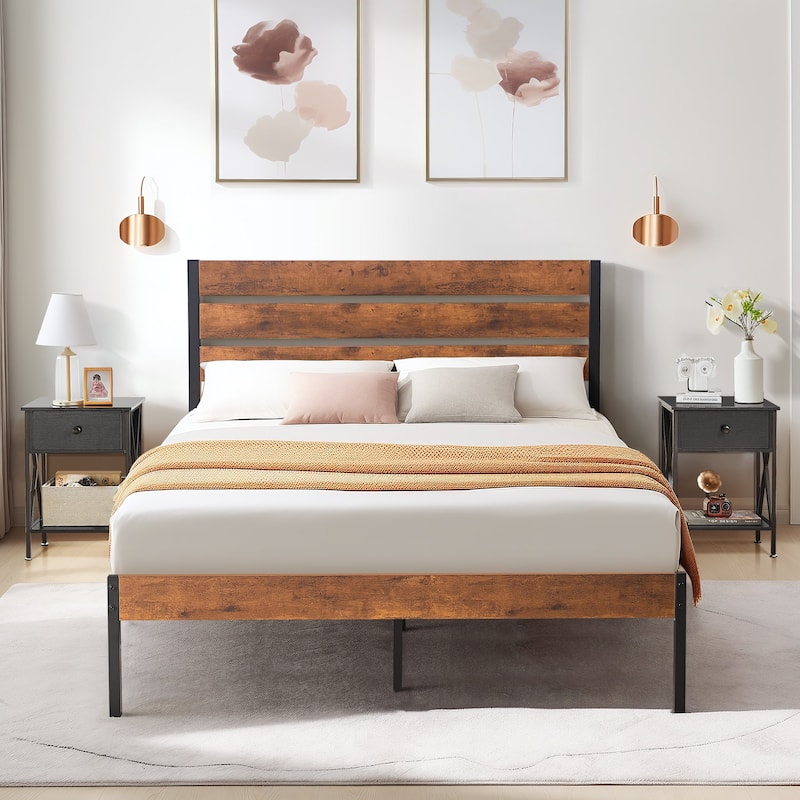 Javlergo Modern 3-Pieces Bedroom Set with Platform Bed Frame and Nightstands - Black Nightstands - Full