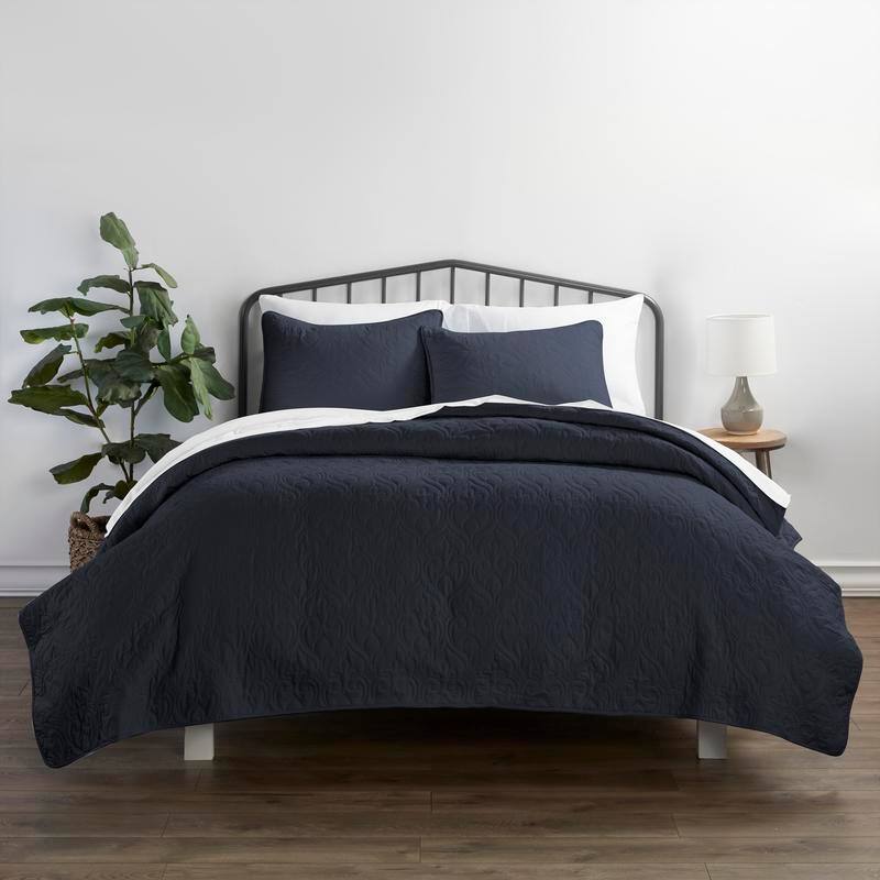 Soft Essentials Premium Ultra Soft Damask Pattern Quilted Coverlet Set - Navy - King - Cal King