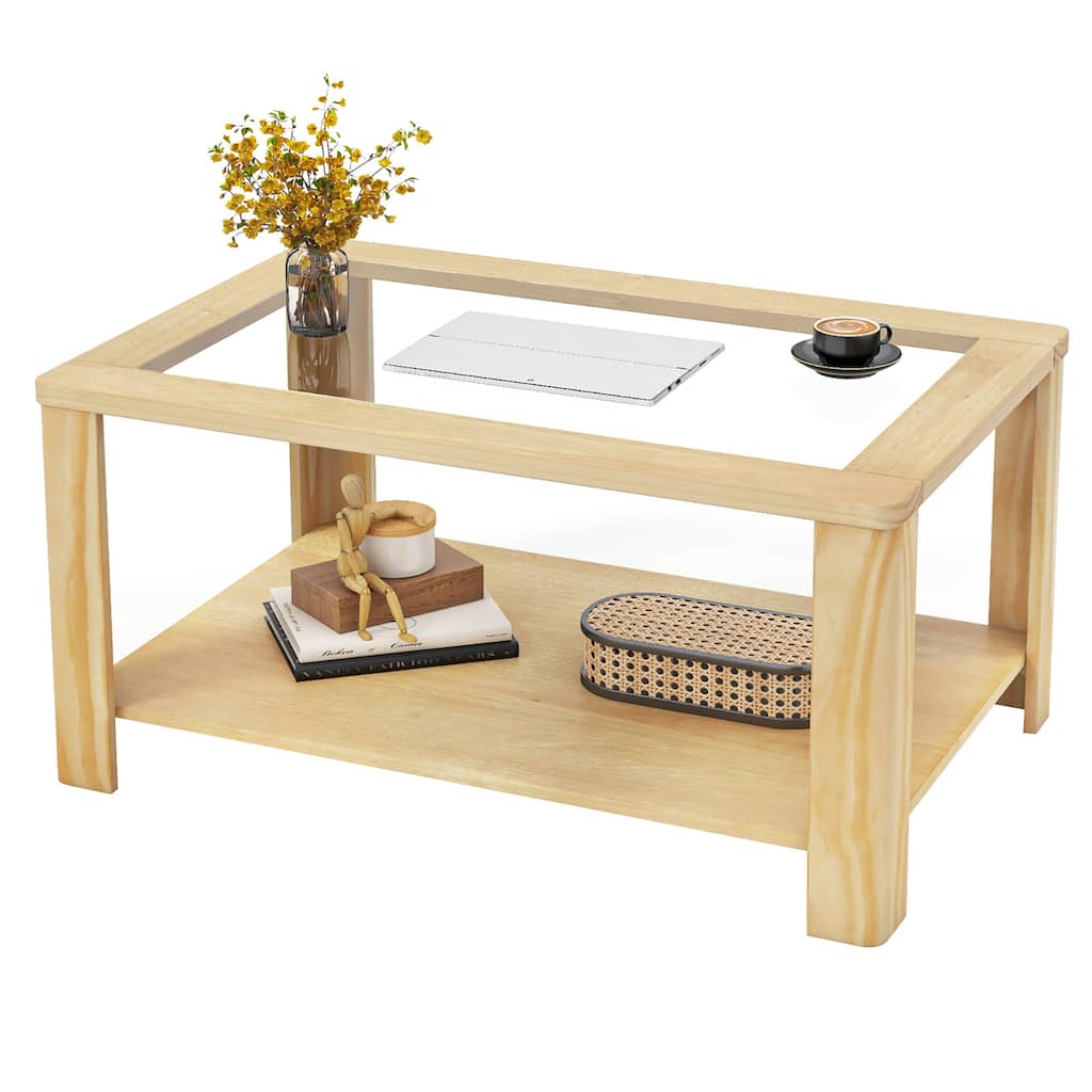 Gymax 2-Tier Coffee Table w/ Tempered Glass Tabletop & Storage Shelf