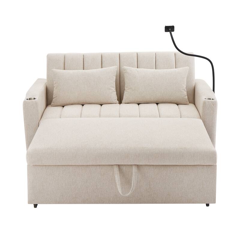 55.9" Convertible Sofa Bed Loveseat with USB Ports, Side Pockets, Cup Holders and Phone Holder, Beige