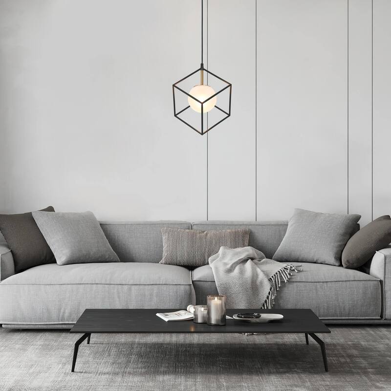 Modern Farmhouse 1-Light Black Gold Cage Kitchen Island Pendant Lights with Globe Frosted Glass - 11" L x 11" W x 14.5" H