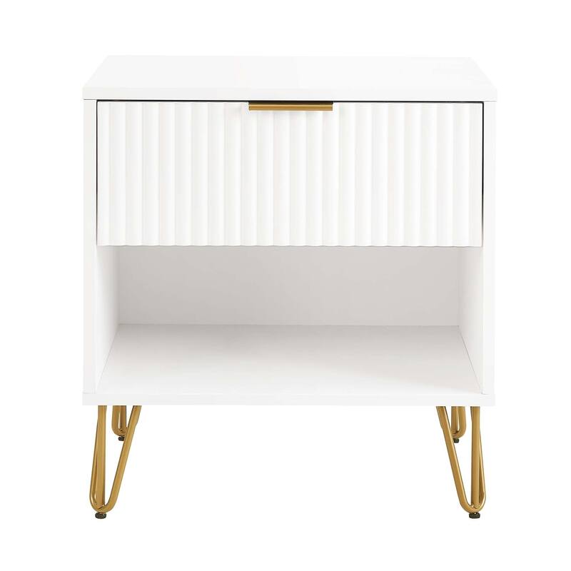 20-Inch White Fluted Nightstand with Gold Metal Handles and Legs - White