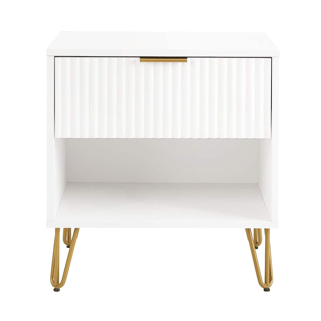20-Inch White Fluted Nightstand with Gold Metal Handles and Legs