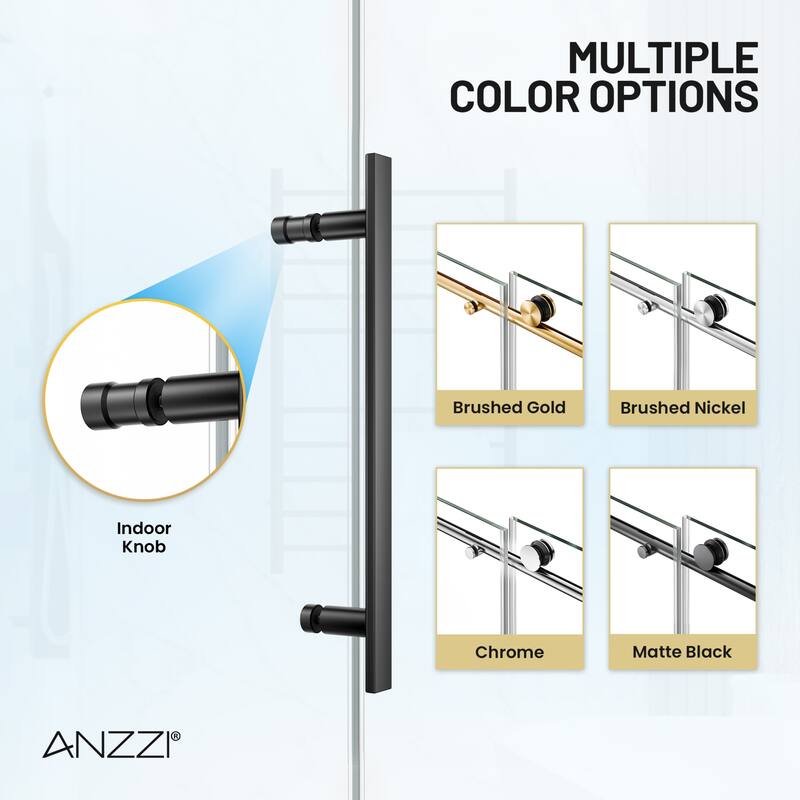 Mountain 48-inch Reversible Frameless Sliding Glass Shower Door with Soft-Close System