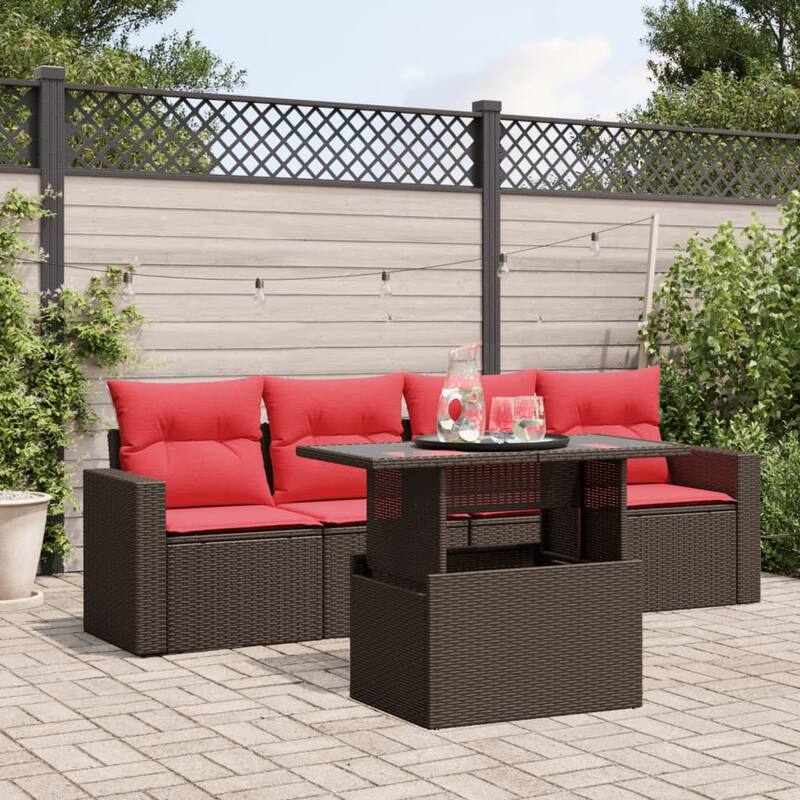 vidaXL Patio Sofa Set with Cushions and Table Outdoor 5 Piece Poly Rattan - 21.7 x 24.4 x 27.2 - Brown without storage