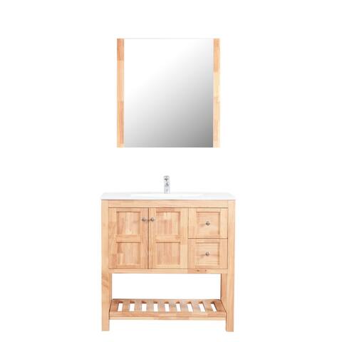 Manhattan 36 in. W x 18 in. D Vanity in Natural Wood with Ceramic Top in White and Mirror