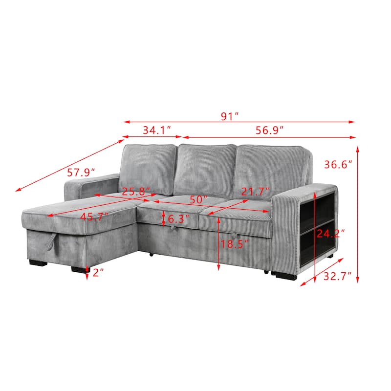 L-Shaped Sectional Convertible Sleeper Sofa Bed with Storage, USB Port & Cup Holder - Light Gray