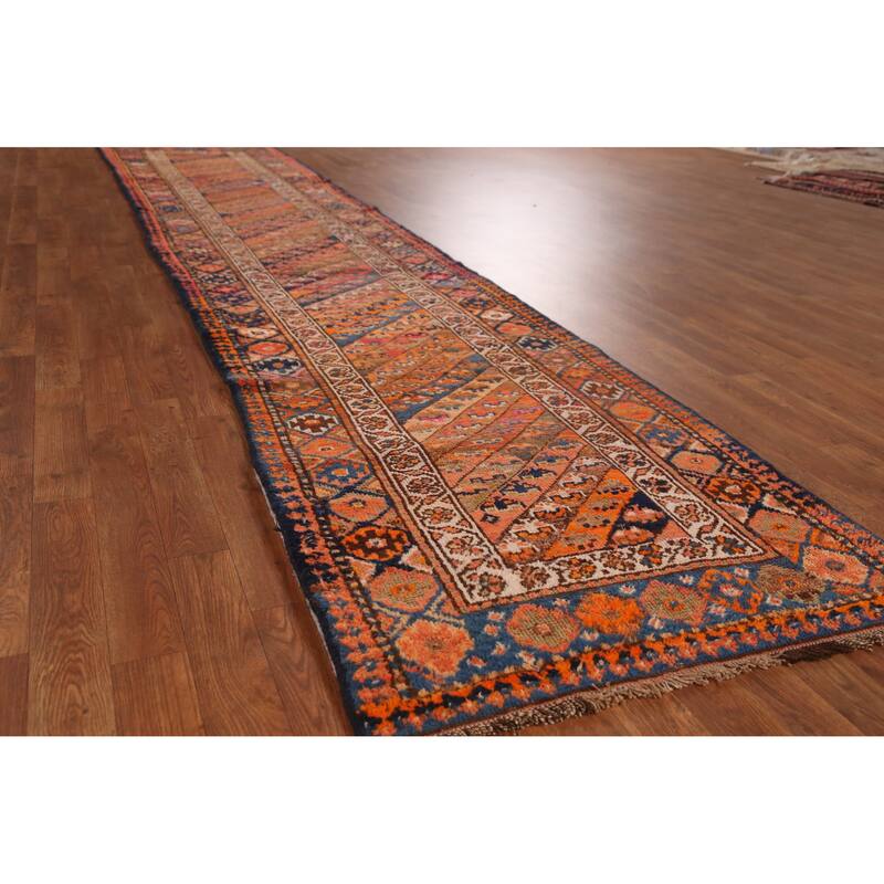Hand Knotted Oriental 100% Wool Carpet Traditional Geometric Oranges & Rust Lori Runner Rug - 14' 9'' X 2' 10''