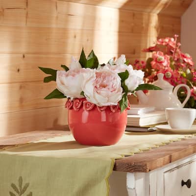 Floral Stoneware Bud Vases - 6.5" - Pink - Set of 2