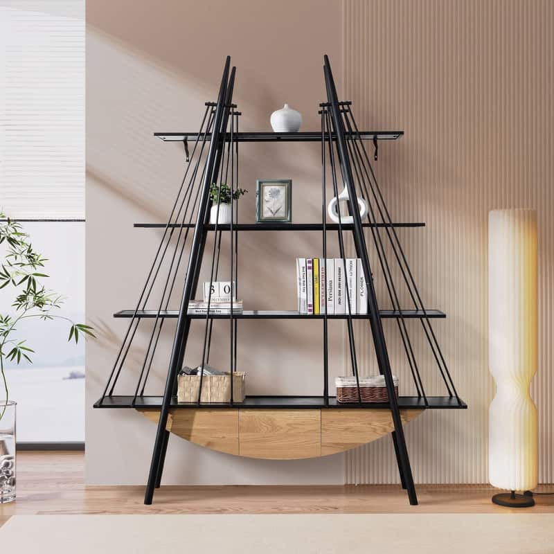 70.87" Industrial 4-Tier Open Storage Shelf with Drawer, Wooden & Metal Freestanding Bookcase