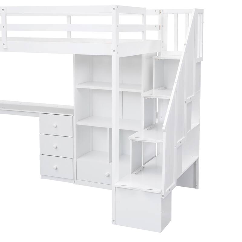 Twin Loft Bed with L-Shaped Desk, Drawers, Cabinet, and Storage Staircase, White