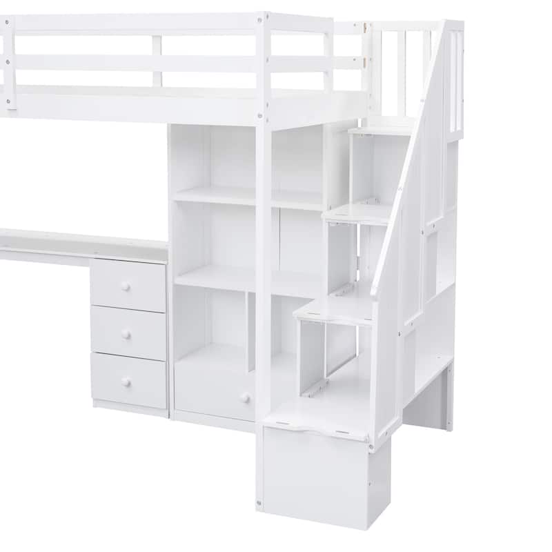 Twin Size Loft Bed with L-Shaped Desk, 3 Drawers, Cabinet & Storage Staircase, Full-Length Guardrail for Top Bunk