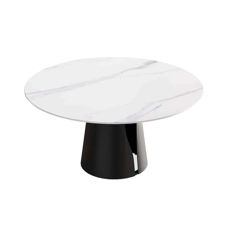 59" Round Slate Dining Table, White Marble Top with Black Metal Pedestal
