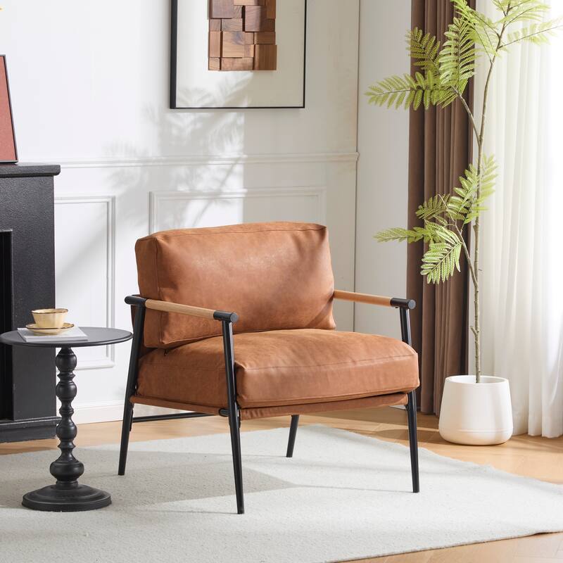 27.56" Modern Accent Chair with Plush Cushions, Minimalist Metal Frame, and Wooden Armrest Design - Brown