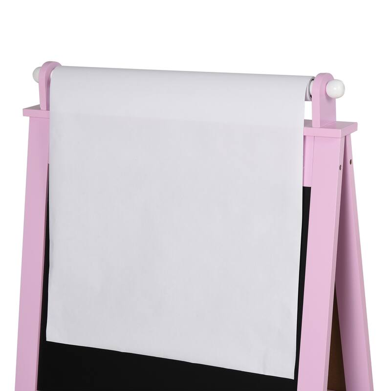 Qaba 3 In 1 Kids Wooden Art Easel with Paper Double-Sided Chalkboard & Whiteboard with Storage for Age 3 Years+, Pink