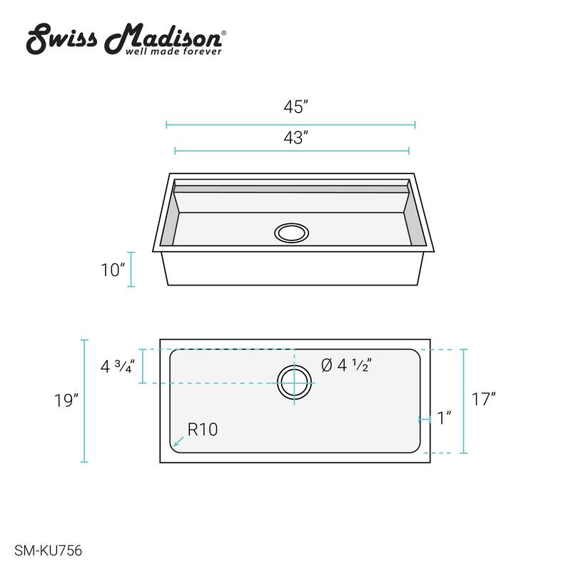 Rivage 45 x 19 Single Basin Undermount Kitchen Workstation Sink - 45 x 19
