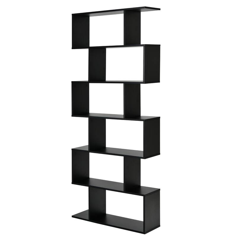 6 Tier S Shaped Bookshelf Wooden Bookcase Room Divider Display Shelves - Black