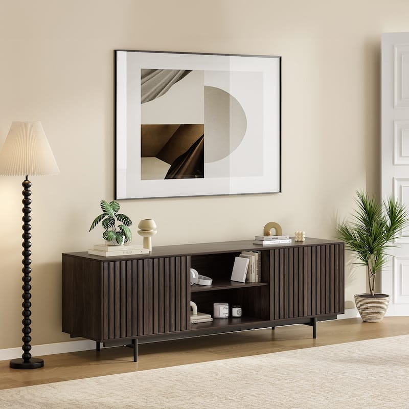 Mid Century Modern TV Stand for TVs Up to 75", Farmhouse Fluted TV Stand, Retro Wood TV Stand with Storage and Shelf