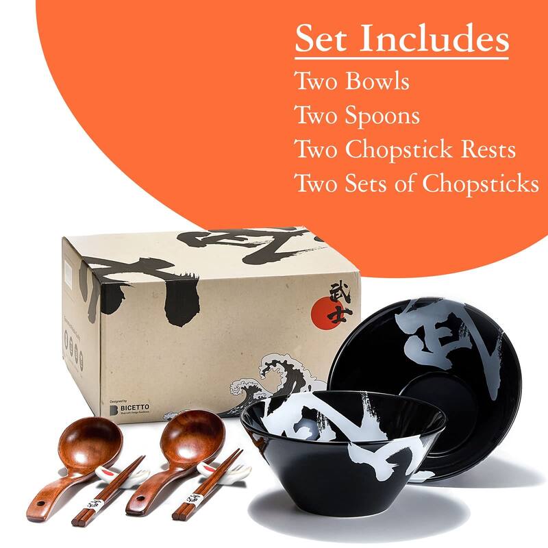 Ceramic Japanese Ramen Bowl Set, 60oz Large Ramen Bowls with Chopsticks, Spoons and Chopstick Rests Bowl Salad, Poke, Soup, Udon