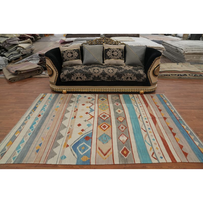 Hand Woven Oriental 100% Wool Carpet Southwestern Tribal Beige & Ivories Kilim Area Rug - 8' 10'' X 5' 7''