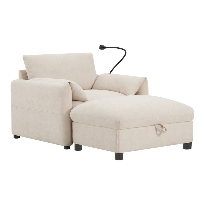 Single Sofa Chair and Storage Ottoman Sets, Chenille Accent Chair Wide Seat Chaise Lounge Couch with Phone Holder & USB Chargers