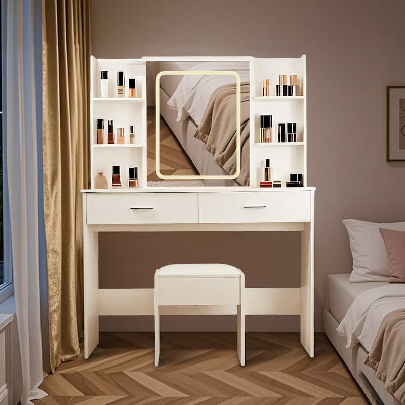 Makeup Vanity with Power Outlet & Cushioned Stool - White
