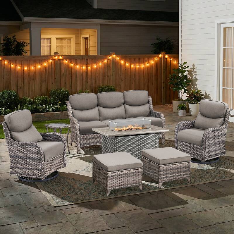 Pocassy Outdoor Fire Pit Sofa Swivel Chairs Conversation Set - Gray Wicker Gray Cushion - 7-Piece Sofa Swivel Chair Ottoman w/ Fie Table