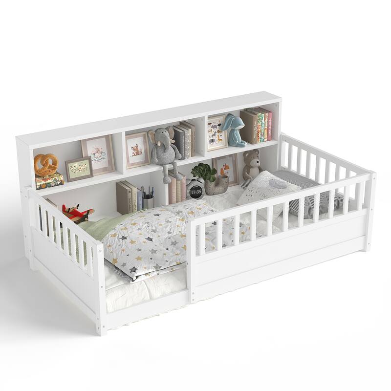 Wooden Floor Bed Frame with Fence Guardrail & Side Storage, Low Profile Kids Bed (Full/Twin)