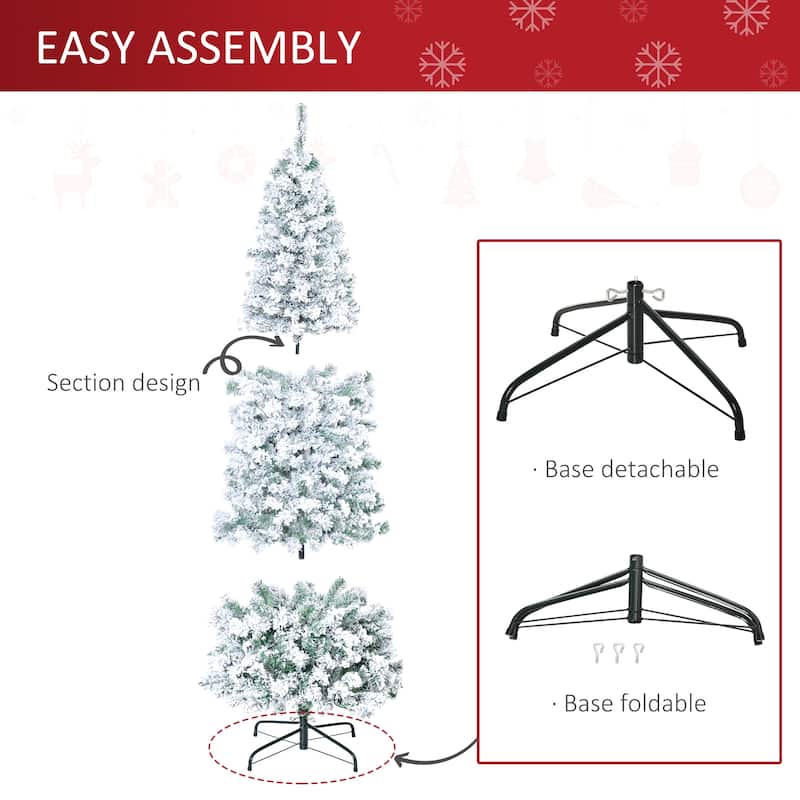 HOMCOM 6FT/7FT/9FT Slim Flocked Christmas Tree with Lights, Skinny Christmas Tree with Stand