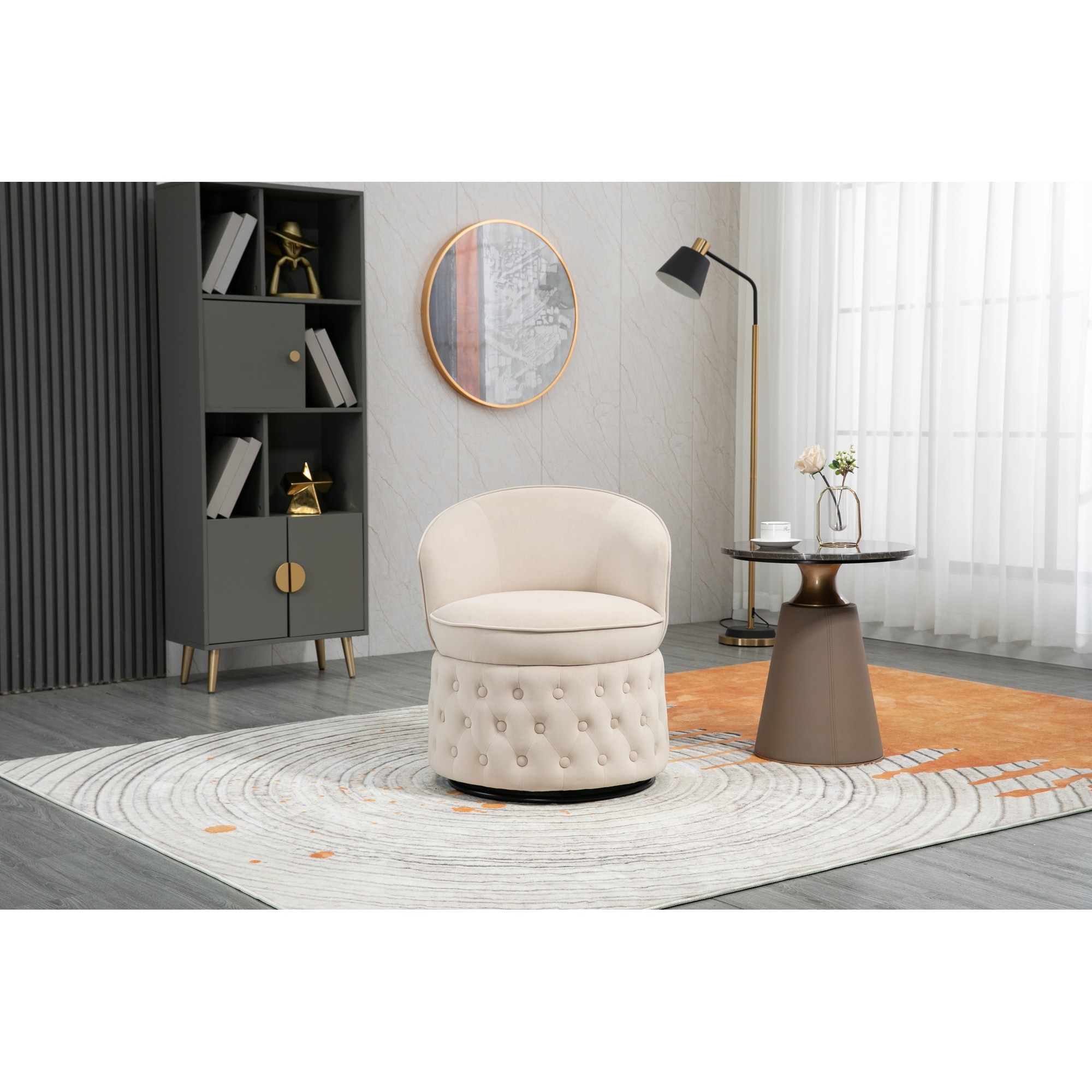 Upholstered tufted round swivel store barrel chair