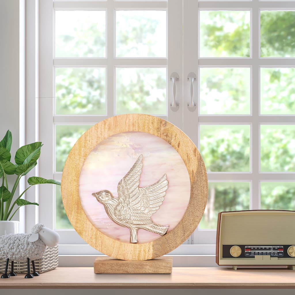 River of Goods Round Decorative Stained Glass Mango Wood Stand - 13" x 3" x 14"